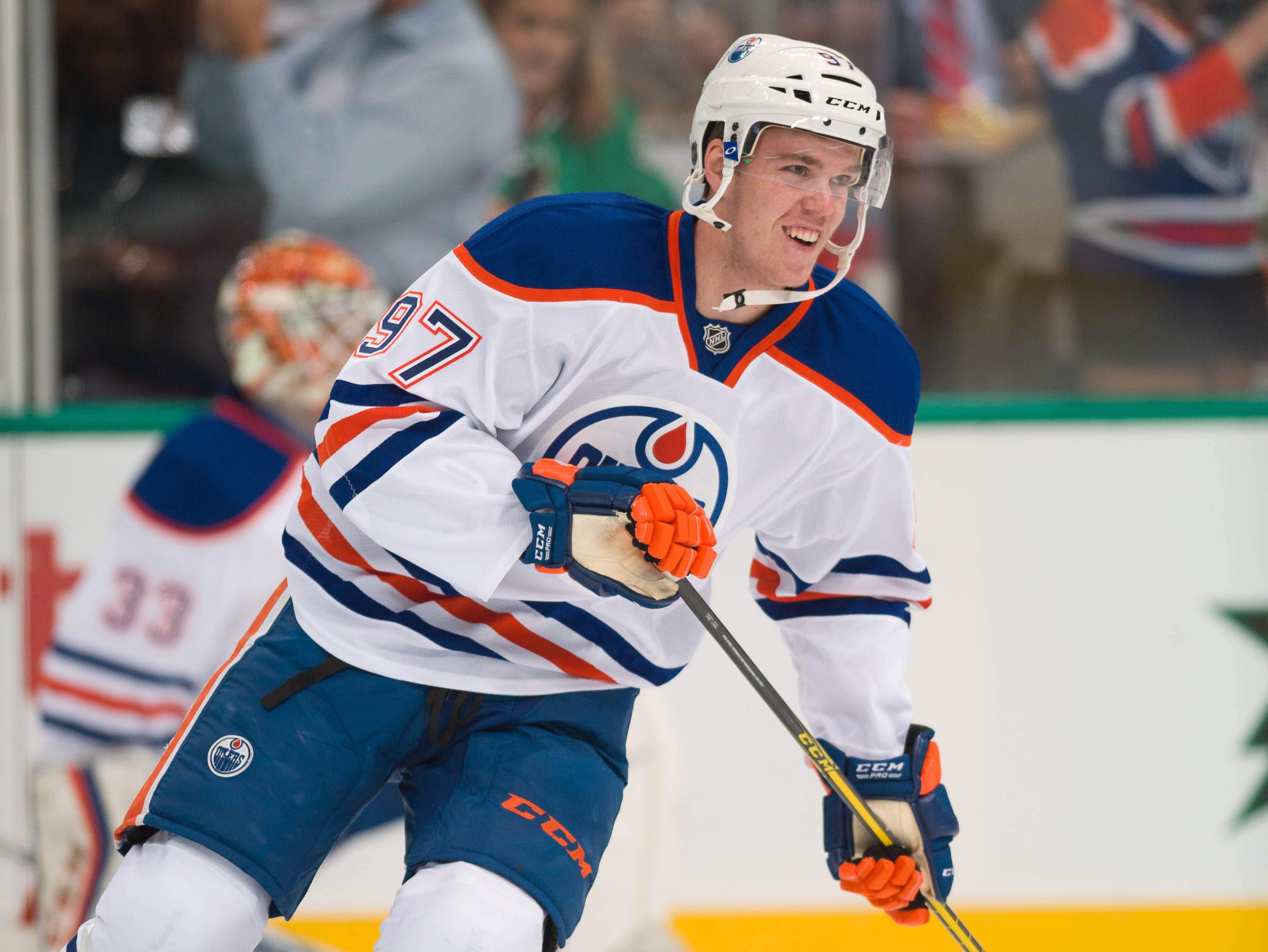 Oct 13, 2015; Dallas, TX, USA; Edmonton Oilers center Connor McDavid (97) skates in warmups before the game against the Dallas Stars at the American Airlines Center. Mandatory Credit: Jerome Miron-USA TODAY Sports
