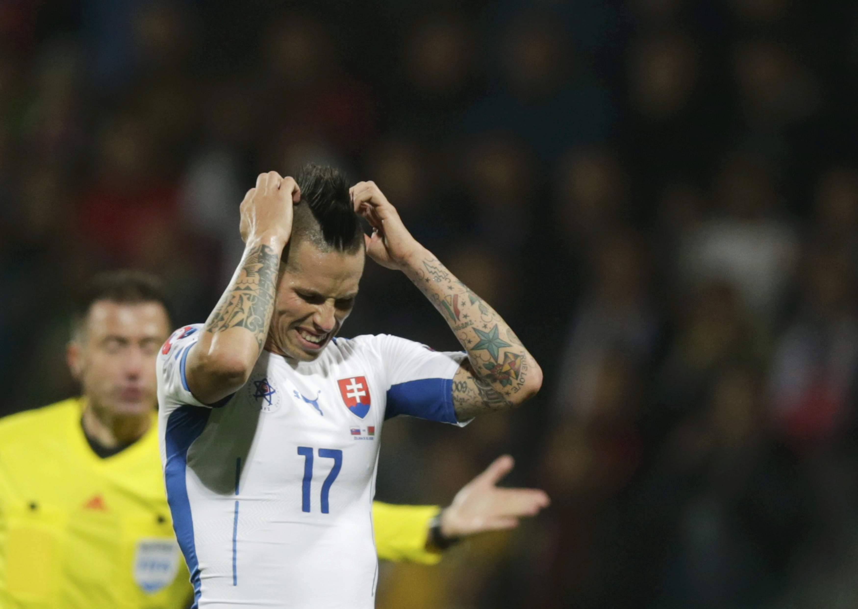 Slovakia's Marek Hamsik reacts during their Euro 2016 qualifying soccer match in Zilina, Slovakia, October 9, 2015. REUTERS/David W Cerny