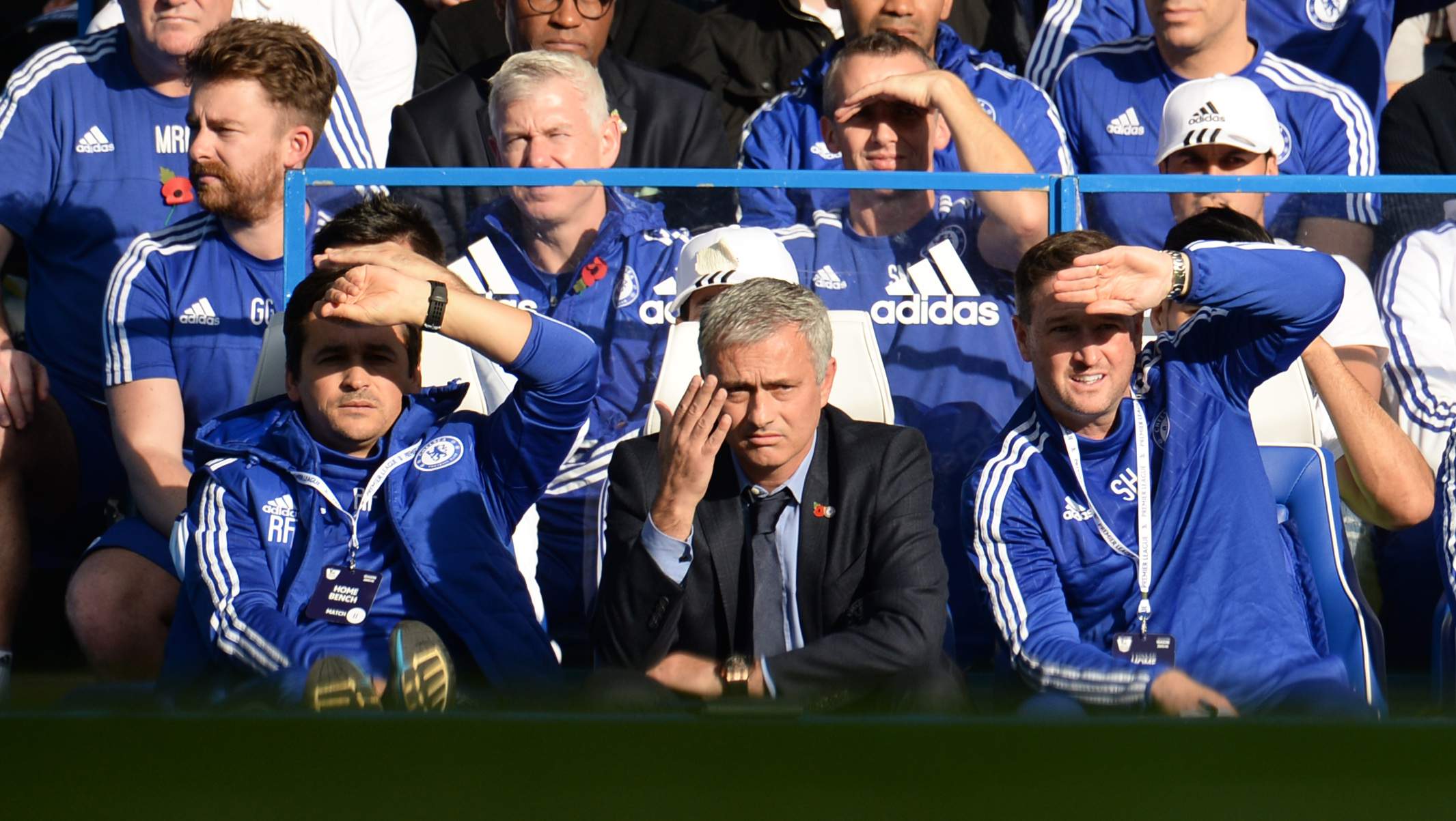 Football - Chelsea v Liverpool - Barclays Premier League - Stamford Bridge - 31/10/15 Chelsea manager Jose Mourinho (2nd L) with assistant managers Steve Holland and Rui Faria (L)  Reuters / Philip Brown Livepic EDITORIAL USE ONLY. No use with unauthorized audio, video, data, fixture lists, club/league logos or "live" services. Online in-match use limited to 45 images, no video emulation. No use in betting, games or single club/league/player publications.  Please contact your account representative for further details.