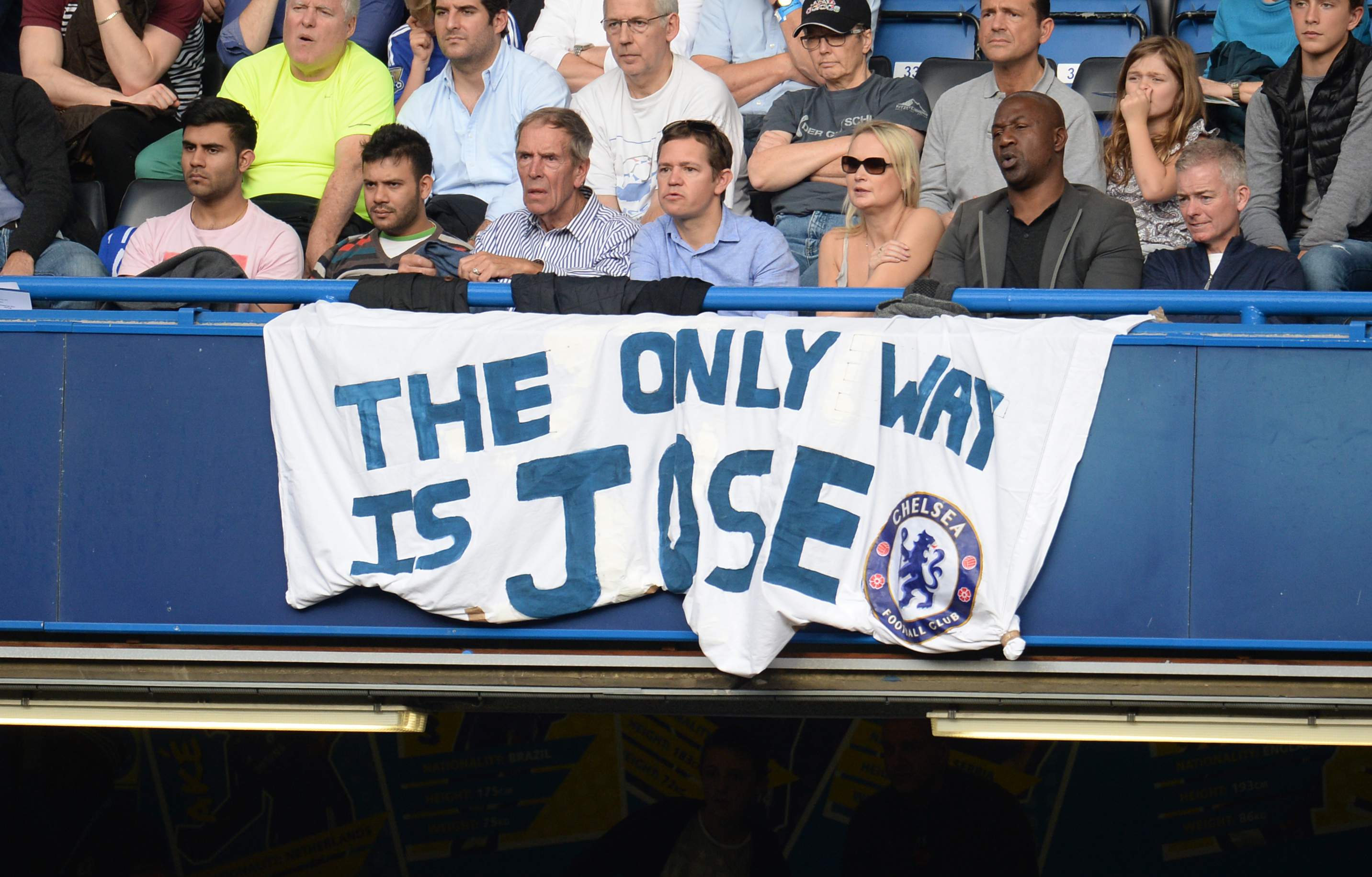 Football - Chelsea v Liverpool - Barclays Premier League - Stamford Bridge - 31/10/15 Chelsea fans with banner in support for manager Jose Mourinho Reuters / Philip Brown Livepic EDITORIAL USE ONLY. No use with unauthorized audio, video, data, fixture lists, club/league logos or "live" services. Online in-match use limited to 45 images, no video emulation. No use in betting, games or single club/league/player publications.  Please contact your account representative for further details.