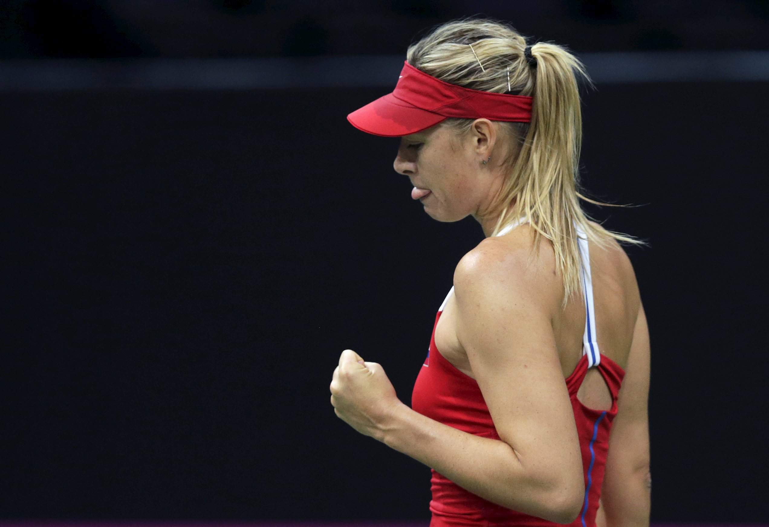 Russia's Maria Sharapova reacts during their final match of the Fed Cup tennis tournament against Czech Republic's Karolina Pliskova in Prague, Czech Republic, November 14, 2015. REUTERS/David W Cerny