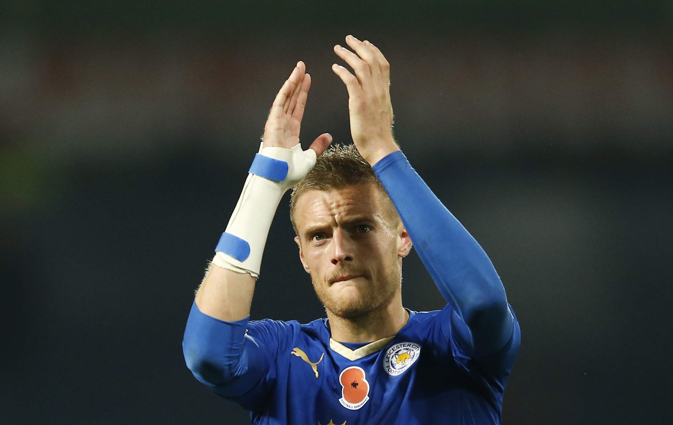 Football - West Bromwich Albion v Leicester City - Barclays Premier League - The Hawthorns - 31/10/15 Leicester City's Jamie Vardy applauds fans after the game Mandatory Credit: Action Images / Andrew Boyers Livepic EDITORIAL USE ONLY. No use with unauthorized audio, video, data, fixture lists, club/league logos or "live" services. Online in-match use limited to 45 images, no video emulation. No use in betting, games or single club/league/player publications.  Please contact your account representative for further details.