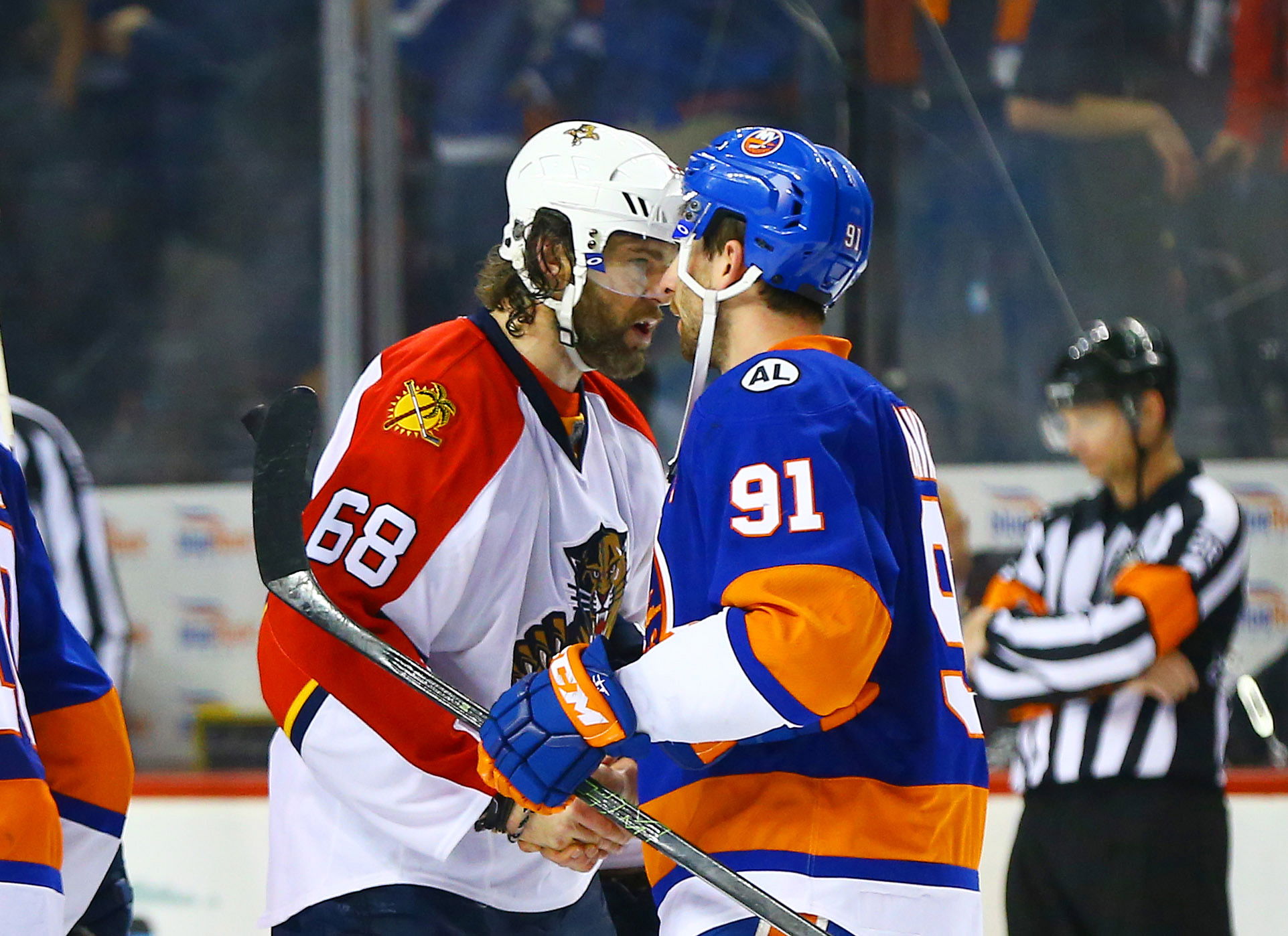 Apr 24, 2016; Brooklyn, NY, USA; New York Islanders center John Tavares (91) is congratulated by Florida Panthers right wing Jaromir Jagr (68) after the Islanders defeated the Panthers in game six of the first round of the 2016 Stanley Cup Playoffs at Barclays Center. The Islanders defeated the Panthers 2-1 to win the series four games to two. Mandatory Credit: Andy Marlin-USA TODAY Sports