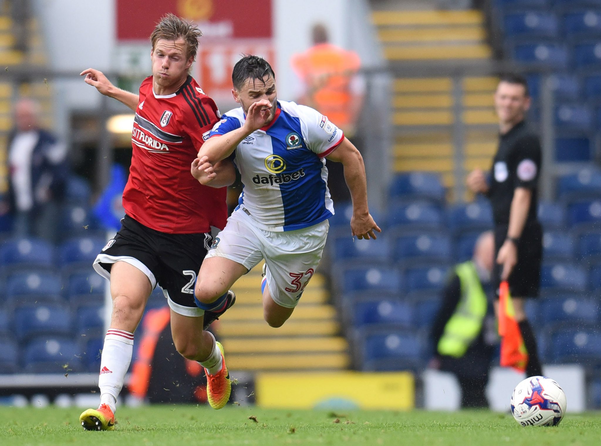 Football Soccer Britain - Blackburn Rovers v Fulham - Sky Bet Championship - Ewood Park - 27/8/16 Blackburn Rovers Craig Conway and Fulham's Tomas Kalas Mandatory Credit: Action Images / Paul Burrows Livepic EDITORIAL USE ONLY. No use with unauthorized audio, video, data, fixture lists, club/league logos or "live" services. Online in-match use limited to 45 images, no video emulation. No use in betting, games or single club/league/player publications. Please contact your account representative for further details.